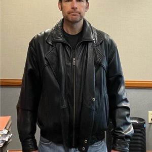 Black leather bomber jacket.